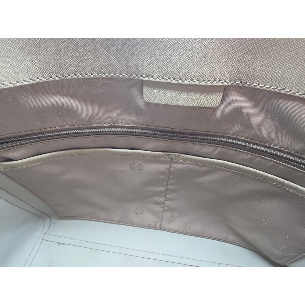 Tory Burch Emerson Saffiano Leather Tote Bag Beige Shoulder Bag Silver Hardware - Picture 8 of 8